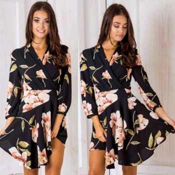 Sexy Deep V Neck Floral Printed Mini Party Dress Lady Beach Dresses Causal Long Sleeve Red Green Black